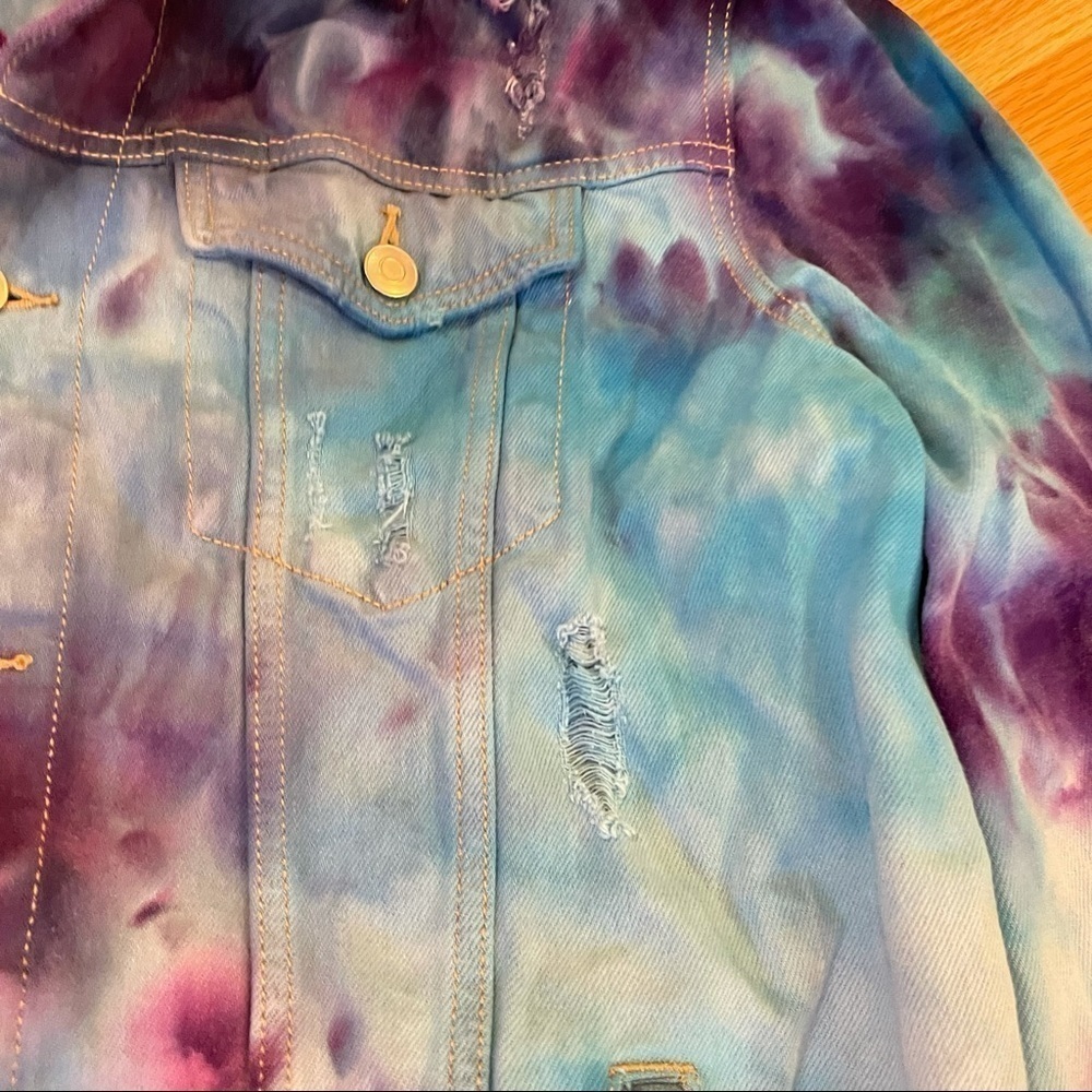 Tie dyed jean jacket distressed blue purple galaxy underwater size L - Picture 4 of 12